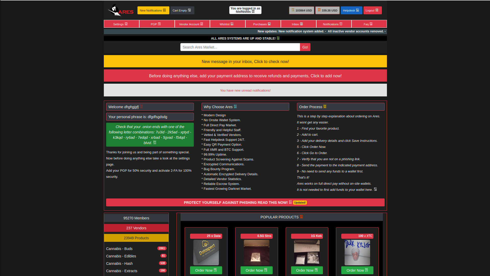 Ares Market Modern Interface Screenshot showcasing advanced security features